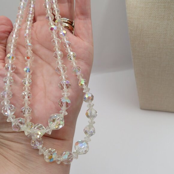 Vintage Aurora Borealis AB Faceted Crystal Double Strand Choker Style Necklace - Picture 7 of 13